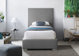 Crosby Mid Century Modern Bed with Elegant Linen Upholstery and Stylish Gold & Chrome Legs