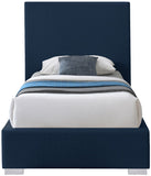 Crosby Mid Century Modern Bed with Elegant Linen Upholstery and Stylish Gold & Chrome Legs
