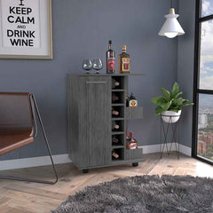 Magda Bar Cart, Four Caster, Six Wine Cubbies, Single Door Cabinet, Two External Shelves