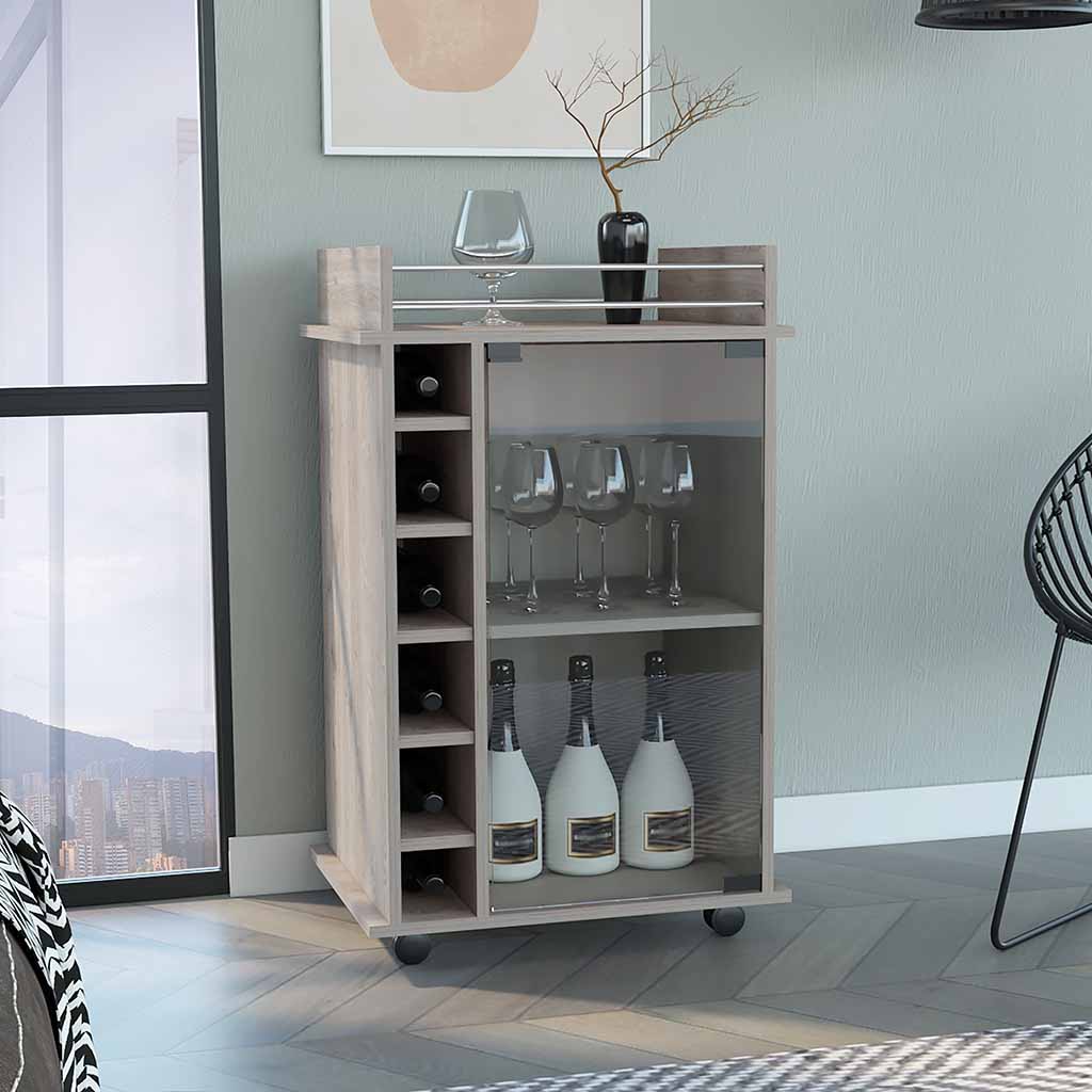 Huali Bar Cart, Six Wine Cubbies, Glass Door, Four Caster, Two Shelves