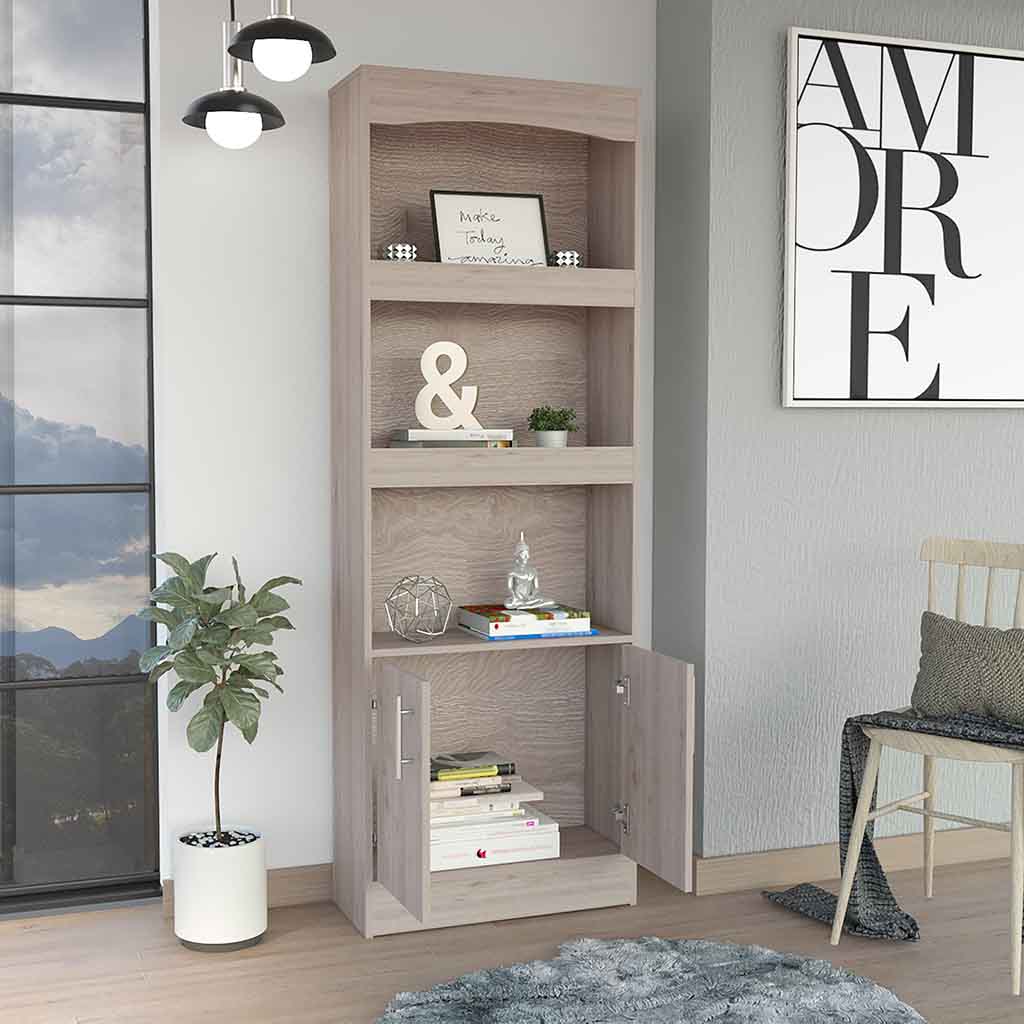 Dozza Bookcase, Three Shelves, Double Door Cabinet, Metal Hardware