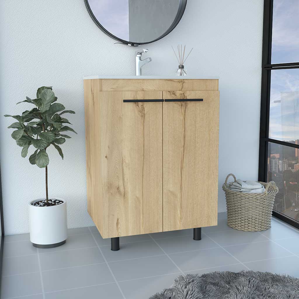 Dustin Freestanding Sink Cabinet, Four Legs, Double Door, Two Shelves