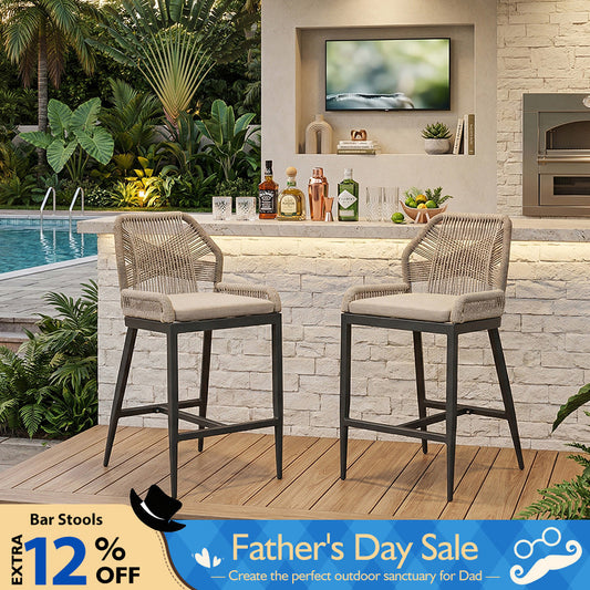PURPLE LEAF Outdoor Bar Stools Wicker Rattan Bar Stools with Back Aluminum Outside Garden Patio Bar Chairs