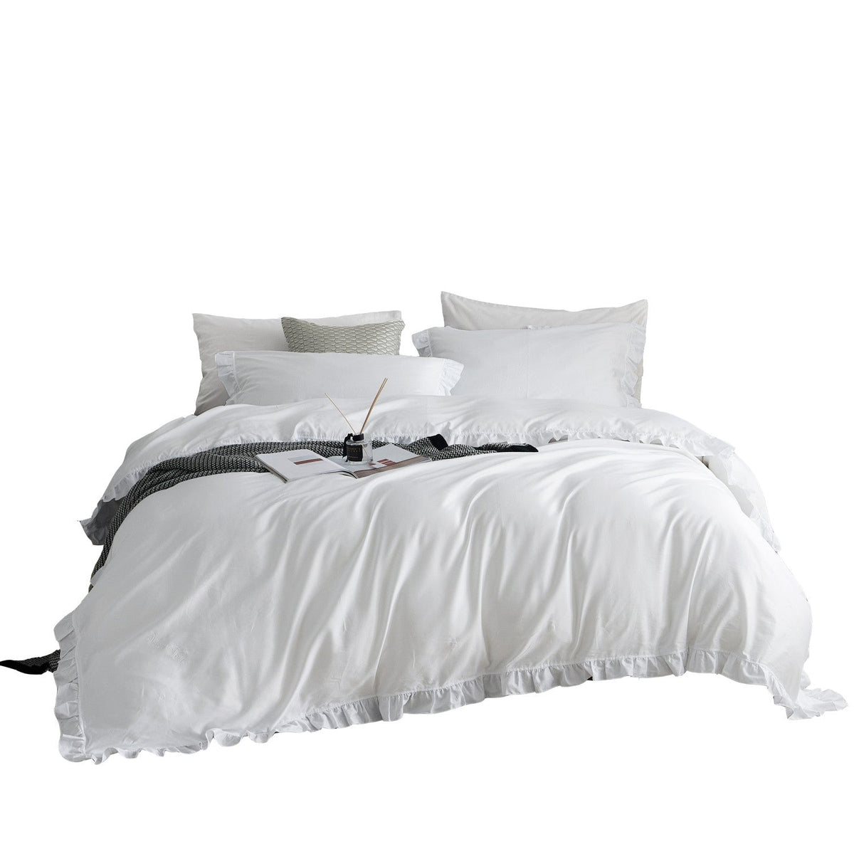 BDS King Size 6 piece Duvet Cover Set Ruffled Bedding 100% Cotton