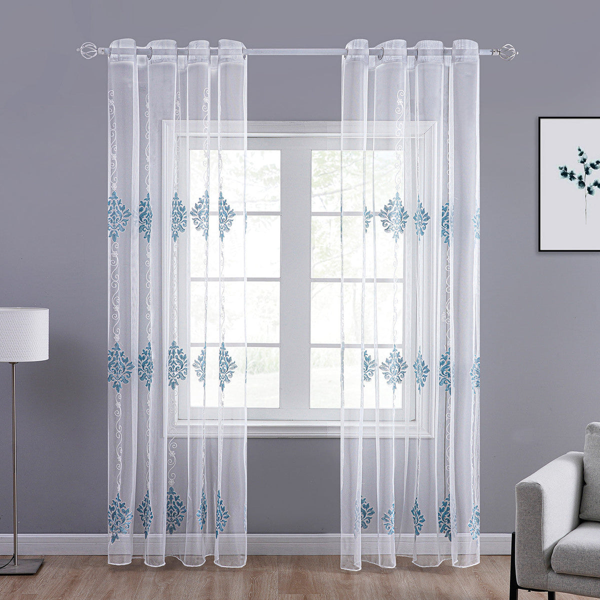 BDS Sheer Curtain Panel Blue on White Window Treatments Dolce Mela - Kseniya