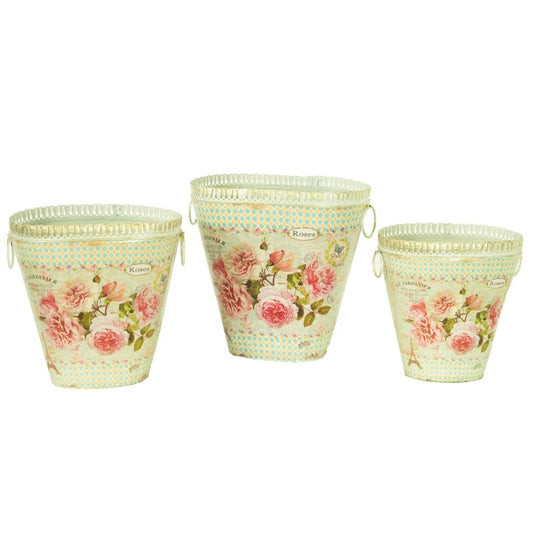 BDS Vintage metal planters French country painted decorative vases & flower pots (set of 3)