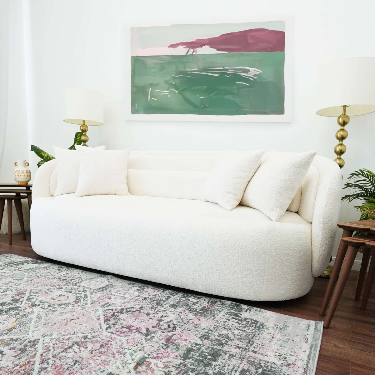 Charter Mid-Century Modern Ivory  Boucle Upholstered Sofa