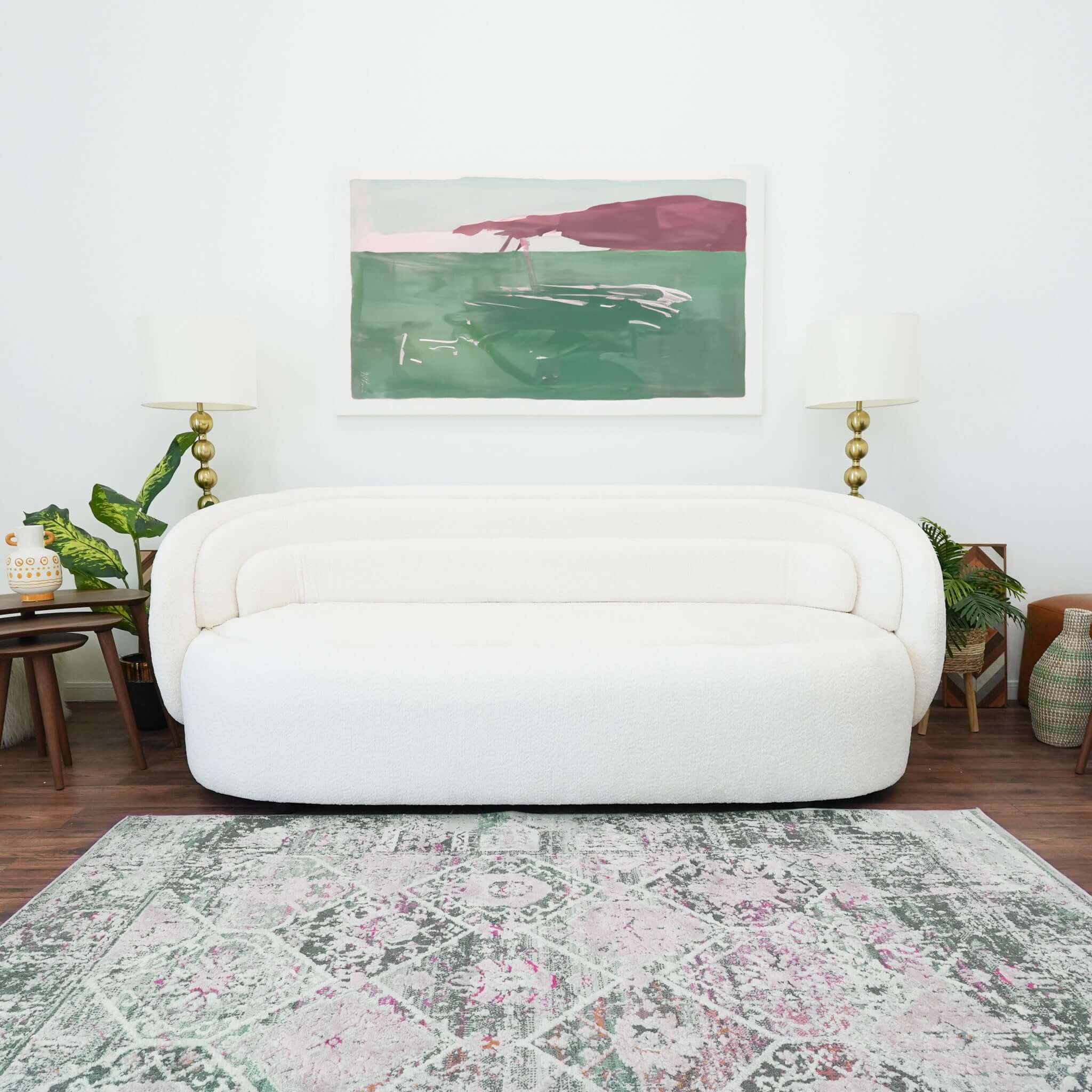 Charter Mid-Century Modern Ivory  Boucle Upholstered Sofa