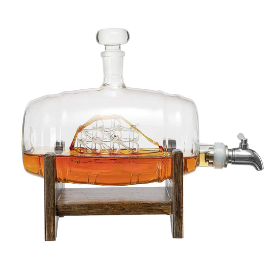 Whiskey Ship in a Barrel Decanter With Ship, 2-10 oz Glasses