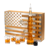 Whiskey Decanter Flag Set - 1000ml AK47 Rifle Gun, Glasses & Chillers Set in Box - Hanging Storage American Flag Gift Box With Silver Metal Flag, Great Gift Army, Navy, Marines, Veterans