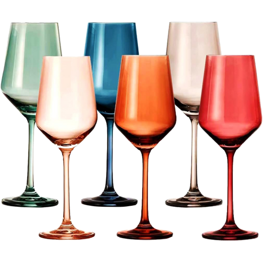 Colored Crystal Wine Glass Set of 6 - Large 12 oz Glasses (Pastel)