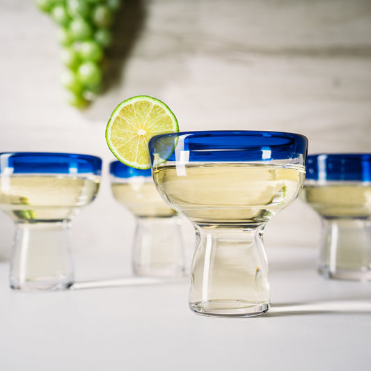 Mexican Hand Blown Blue Rim Margarita Glasses - Set of 4