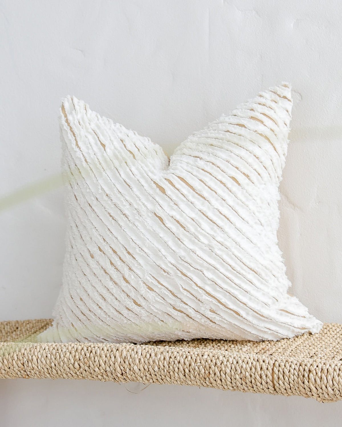 Decorative linen pillow cover with striped fabric in White & Sandy beige