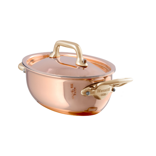 Mauviel M'MINIS Copper Oval Stew Pan With Lid, Brass Handles, 0.42-Quart