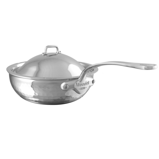 Mauviel M'ELITE Hammered 5-Ply Curved Splayed Saute Pan With Dome Lid, Cast Stainless Steel Handle, 2.1-Qt