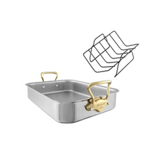 Mauviel M'Cook B Roasting Pan With Rack, Brass Handles, 15.7 x 11.8-in