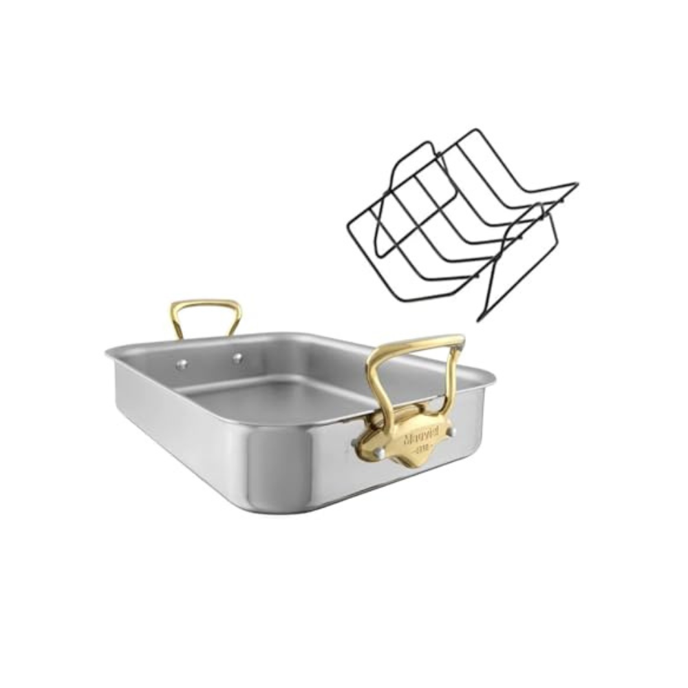 Mauviel M'COOK B 5-Ply Roasting Pan With Rack, Brass Handles, 13.7 x 9.8-In