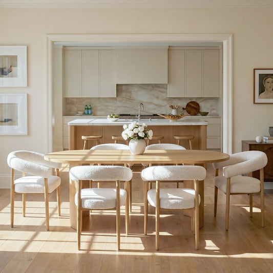 Dwen & Melbourne 79" Oval & Boucle Dining Table Set for 6 (7-Piece)