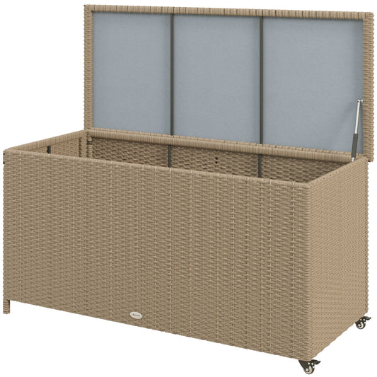 Outsunny 83 Gallon Rolling Deck Box Outdoor PE Wicker Storage Chest for Garden Tools and Pool Toys with Wheels Brown
