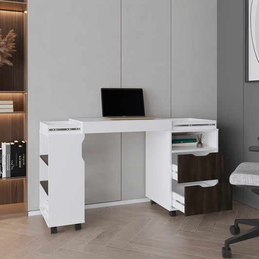 San Diego 54" Expandable Desk with Two Drawers, Seven Storage Shelves, Rolling Caster Base, Space-Saving Home Office Desk, Retractable Workstation for Study, Living Room or Small Spaces