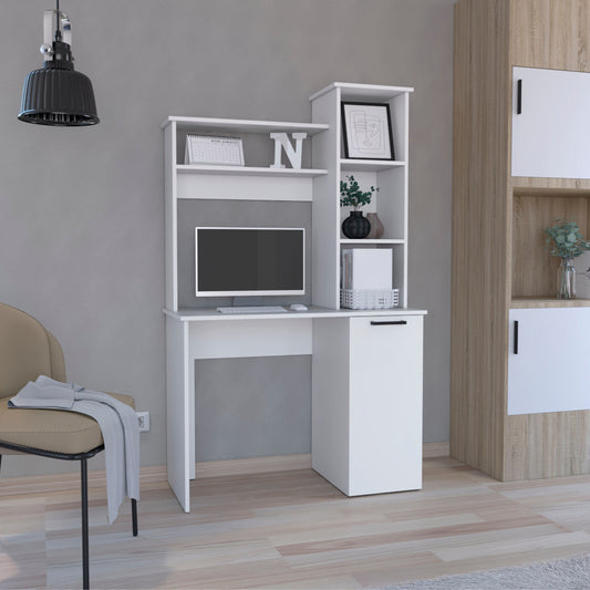 TUHOME Carson Computer Desk with Hutch, Single Door Cabinet, Expansive Work Surface and 3-Tier Storage Shelves Offering Modern Home Office Organization, Functional Workspace Design and Durable Engineered Wood Construction