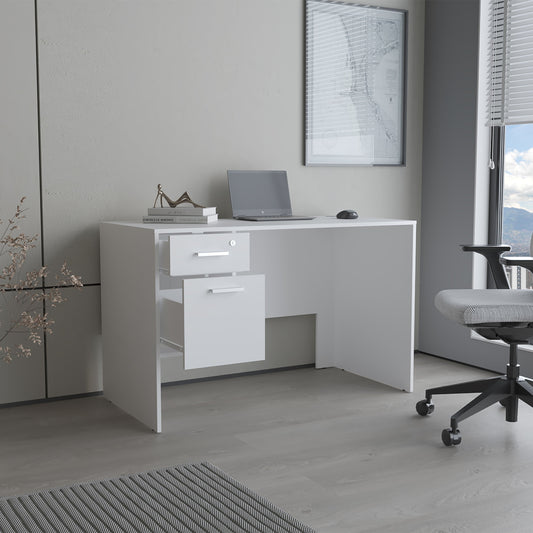 Mellier Modern Office Desk with Two Drawers and Side Storage, Compact Computer Workstation for Home Office or Study Room, Functional Desk with Spacious Top, Drawer Storage, and Side Shelving