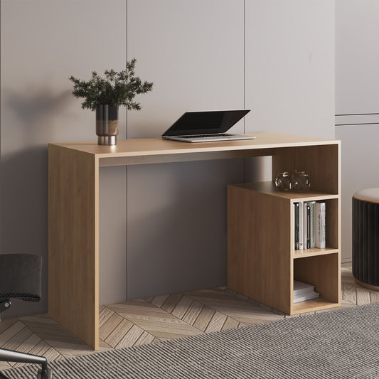 Solid Wide Writing Desk with 3 side Open Storage Shelves, Top Workspace, Freestanding Computer Desk for Home Office, Bedroom or Living Room