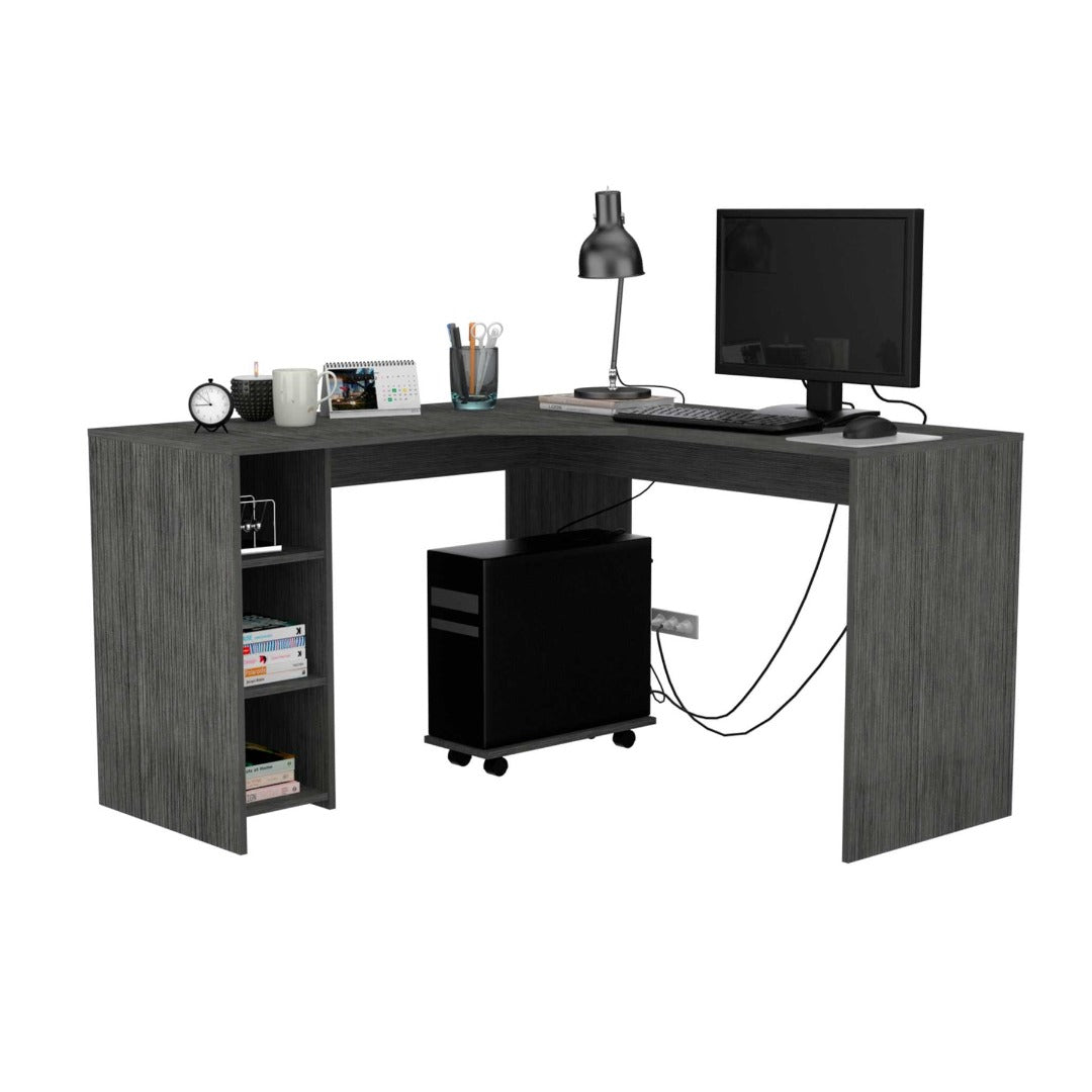 Baggio L-Shaped Desk, Three Shelves, One Lower Shelf With Four Casters