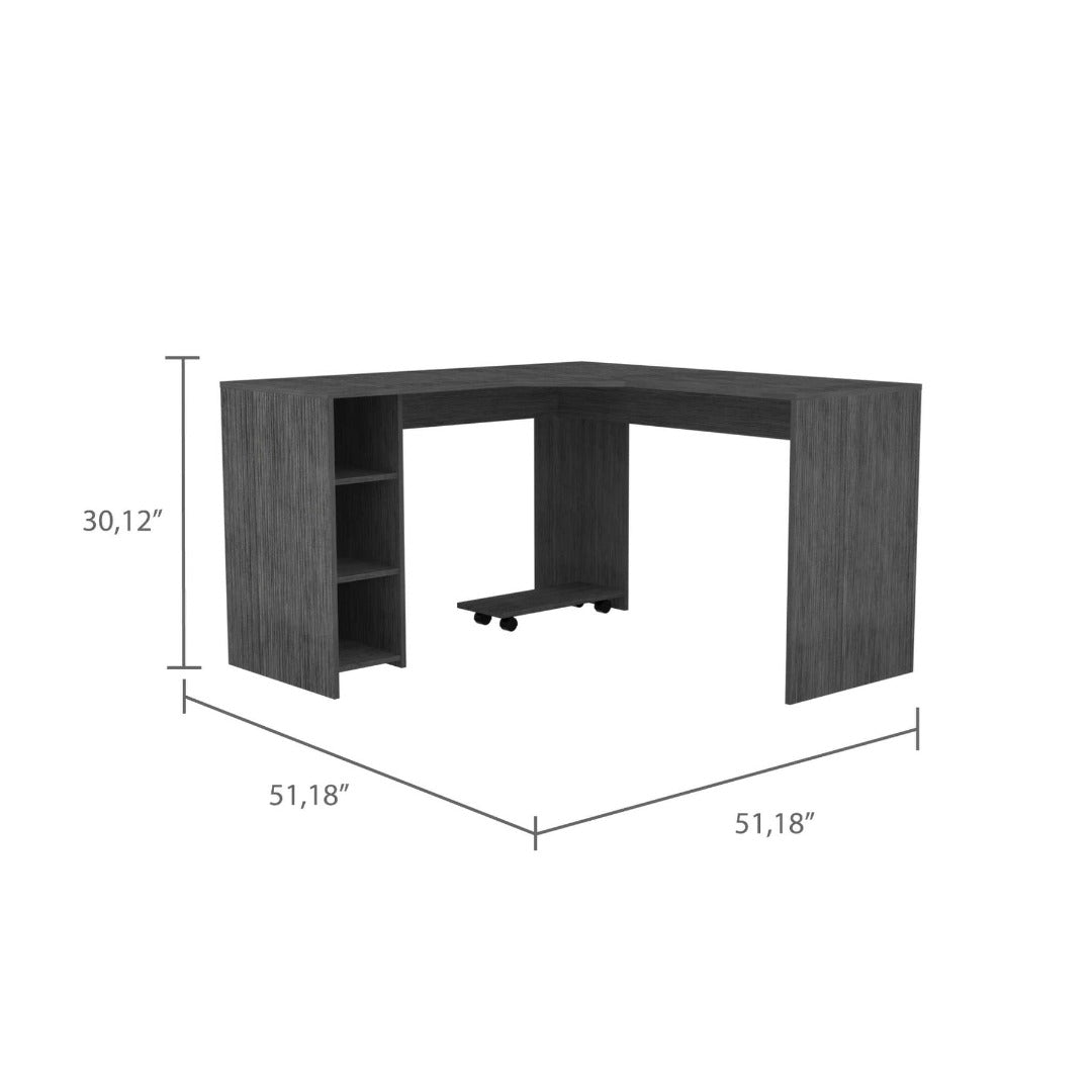 Baggio L-Shaped Desk, Three Shelves, One Lower Shelf With Four Casters