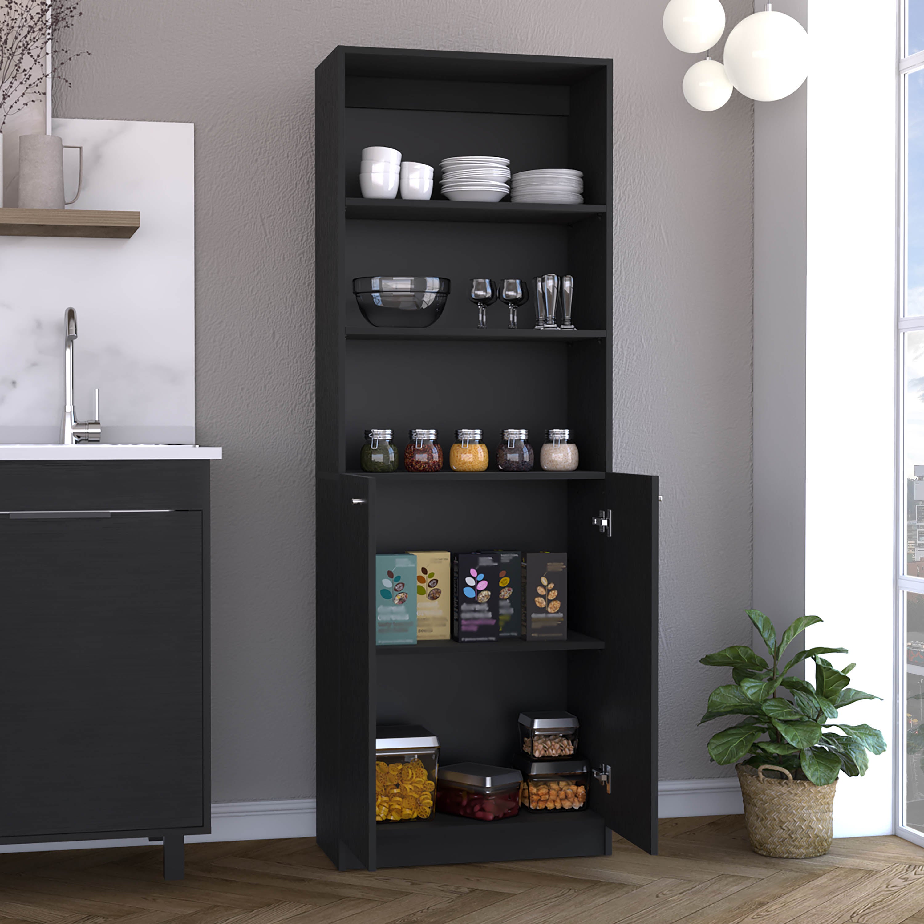 DEPOT E-SHOP Vinton 2-Door Bookcase with Upper Shelves, Black