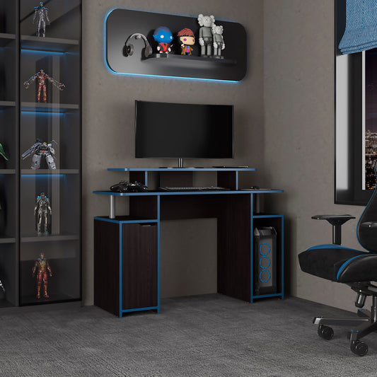 Keria 47" Wide 2-Tier Gamer Desk with Three Shelves, PC Tower Stand, Raised Monitor Shelf, Spacious Work Surface, Modern Desk for Gaming, Home Office, Work-from-home Setup
