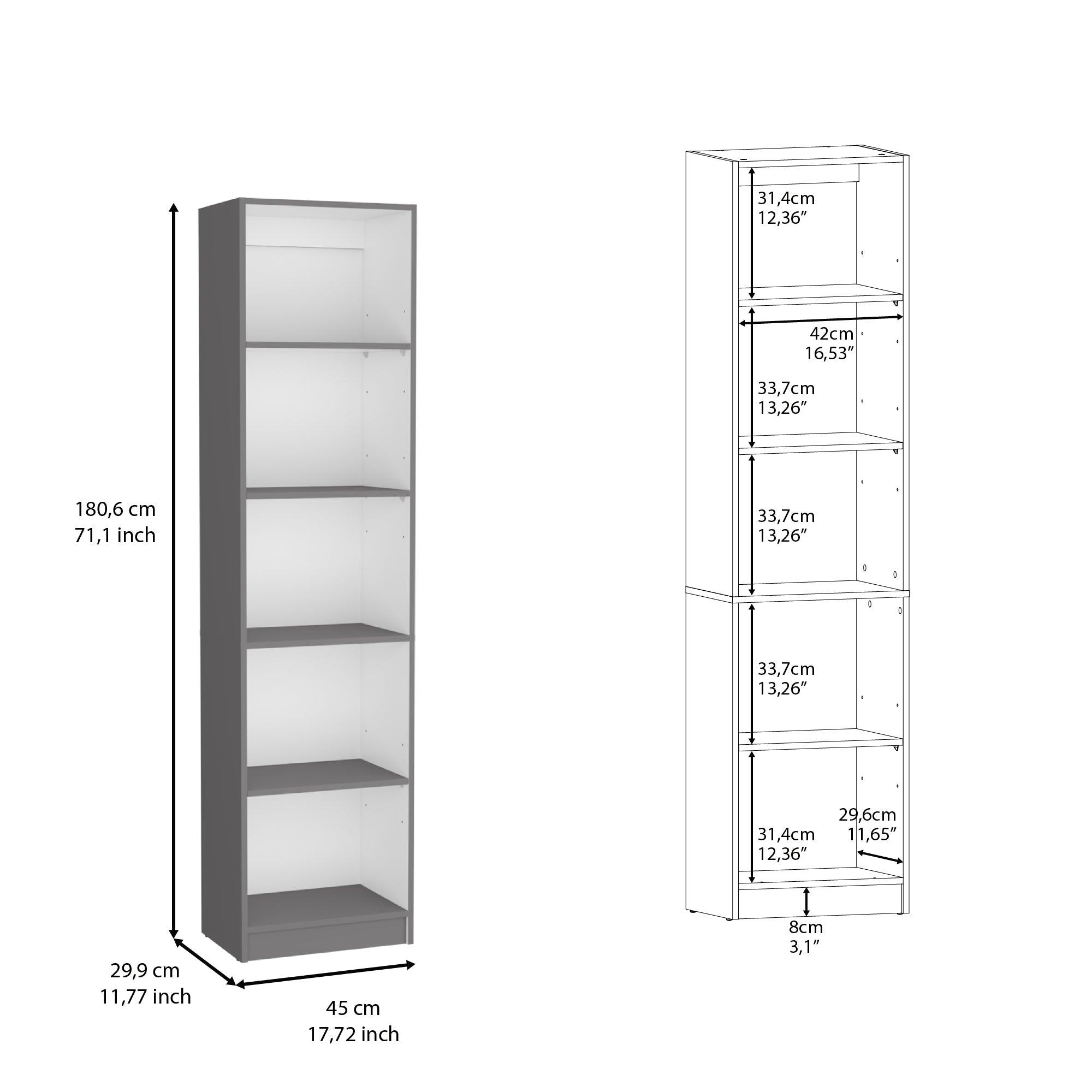 DEPOT E-SHOP Vinton XS Bookcase Compact Bookshelf with Multiple Shelves, Matt Gray / White