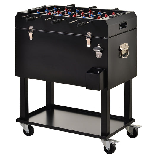 Outsunny Patio Cooler Cart 68QT Ice Chest with Foosball Tabletop Portable Rolling Beverage Bar with Tray for Poolside Parties