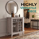Essential Bar Cabinet with Open Display Shelf, Built-In Wine Rack Cubbies, Smooth-Glide Storage Drawer and Spacious Top Surface for Elegant Home Entertaining, Beverage Organization and Modern Bar.