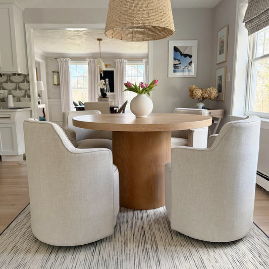 Elon & Yisa 47" Solid Oak Round Linen Pedestal Dining Table Set (5-Piece)