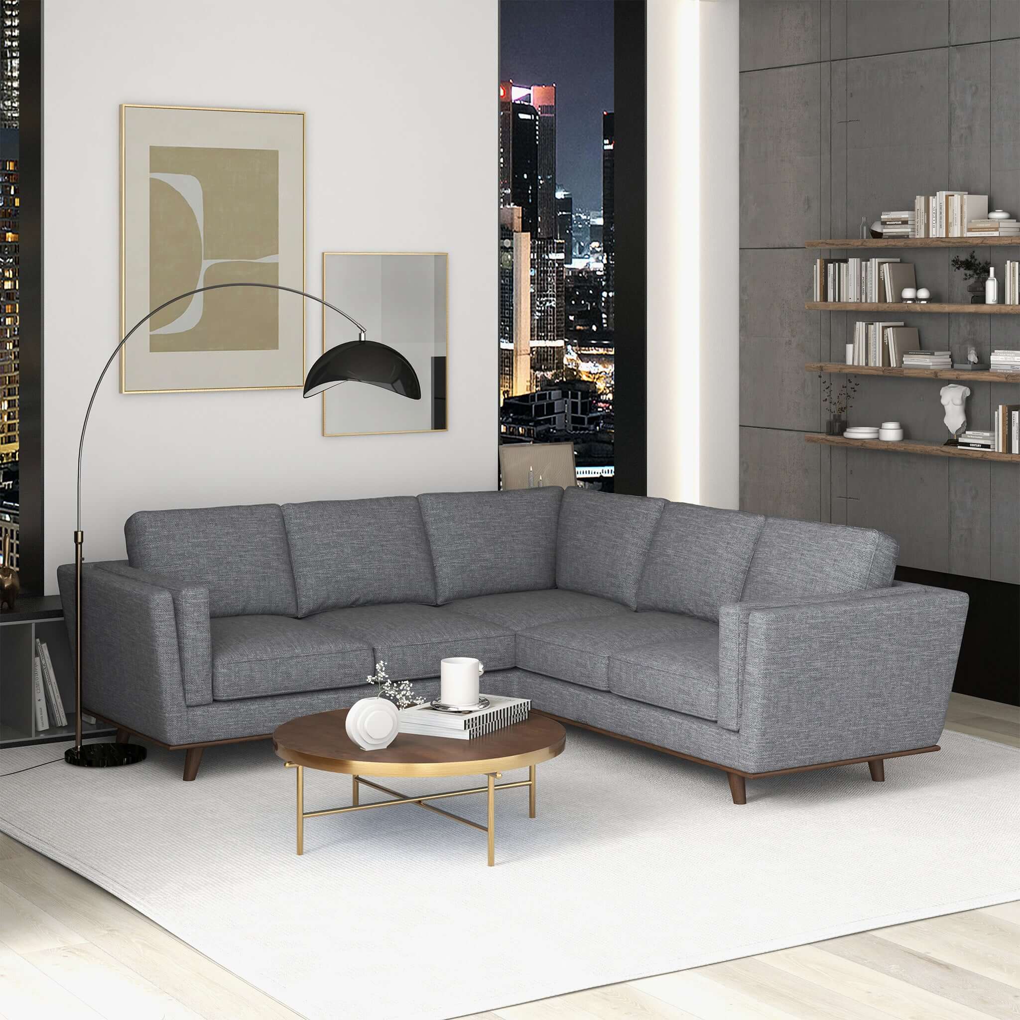 Erman Mid-Century Modern Pillow Back Corner Sofa in Dark Gray