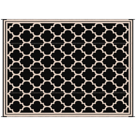 Outsunny Outdoor Rug 9x12 Modern Reversible Folding Plastic Four Straps for Backyard Deck Picnic Camping Black Beige