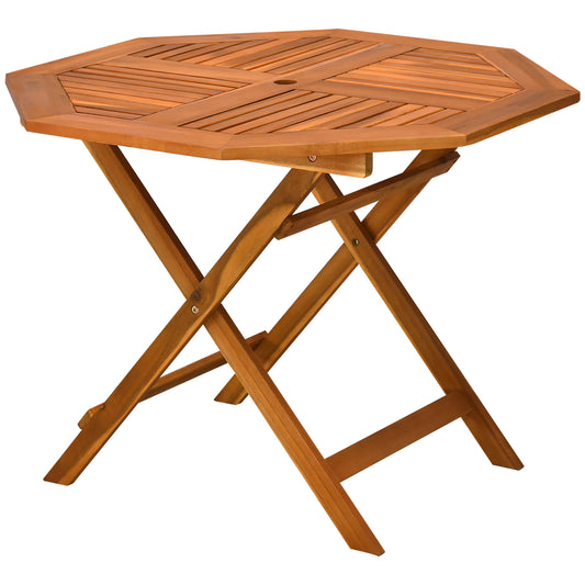 Outsunny Outdoor Folding Table with Umbrella Hole, 39’’x28'' Hexagonal Acacia Table for Balcony or Deck, Elegant Look