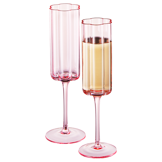 Flower Vintage Champagne Flute Glassware - Set of 2 - 7.4 oz (Pink)