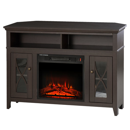HOMCOM Electric Fireplace TV Stand Dark Brown Free Standing Media Console with Shelves Cabinets 44" W x 32" H