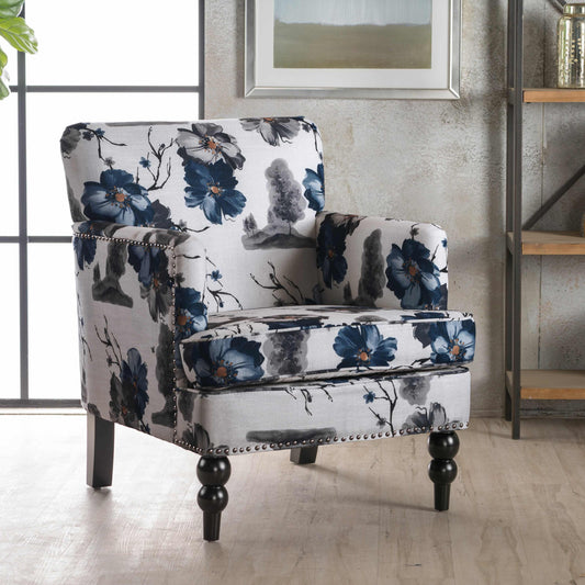 Retro style Tufted Club Chair with Birch Wood Legs, Button Tufted Diamond Stitch, Nailhead Accents, 28.75" L x 32" W x 34.5" H, White+Blue