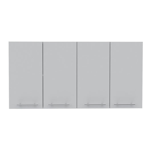 Tuhome 120 Four-Door Wall Cabinet in White with Spacious Storage and Metal Dish Rack for Kitchen, Garage, or Mudroom