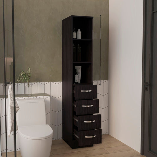 Tuhome Vanguard Linen Cabinet with Three Open Shelves, Four Spacious Drawers, Glass-Door Enclosed Storage, Modern Bathroom Organizer for Towels, Toiletries, Linens, and Everyday Essentials