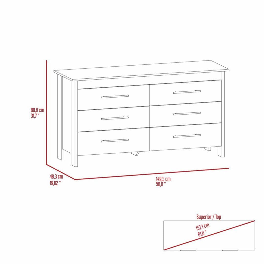 Hms 6 Drawer Double Dresser, Four Legs, Superior Top