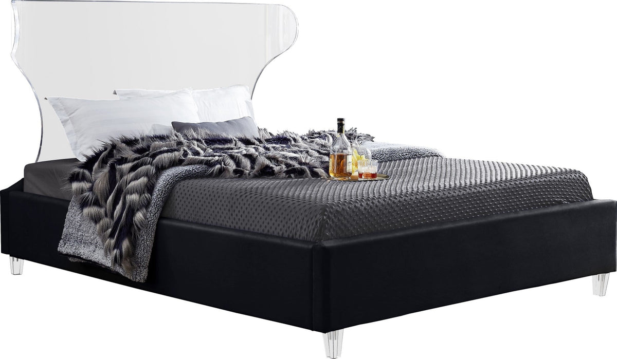 Ghost Acrylic Contemporary Bed with Plush Upholstered Rails, Curved Headboard & Slats Included