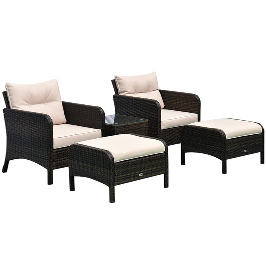 Outsunny 5PC Rattan Wicker Lounge Set Outdoor Patio Conversation Brown Cushioned Chairs Ottomans Glass Coffee Table