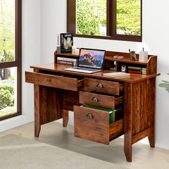 Tangkula White Computer Desk with 4 Storage Drawers & Hutch