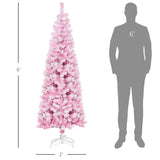 HOMCOM 6ft Tall Unlit Snow Flocked Artificial Christmas Tree Slim Pencil Xmas Tree with Pine Shape and Realistic Branches, Pink