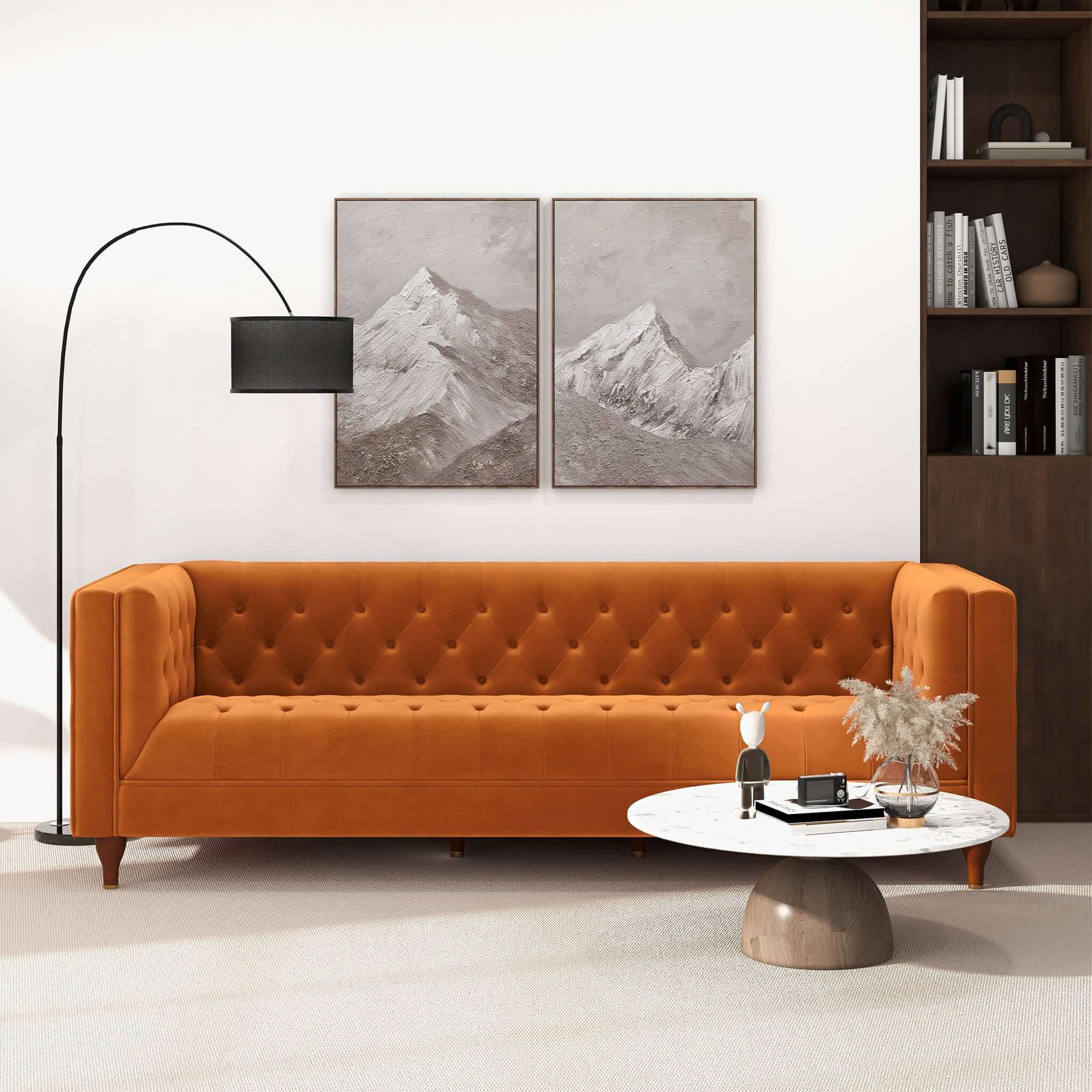 Evelyn Mid Century Modern Burnt Orange Velvet  Luxury Chesterfield Sofa