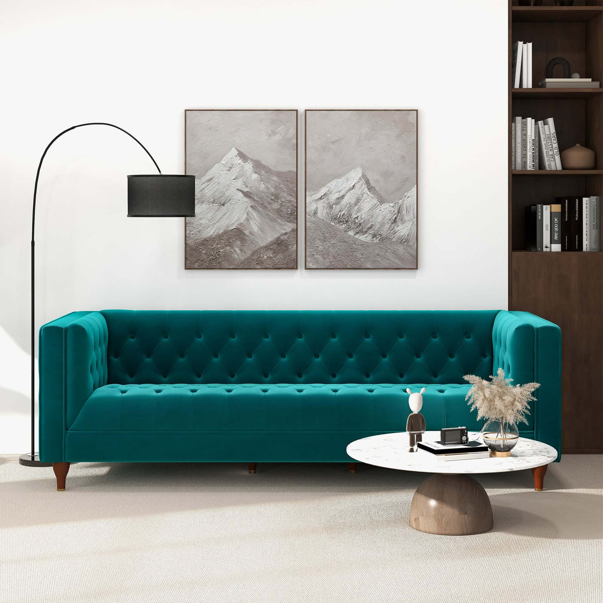 Evelyn Mid Century Modern Teal Velvet  Luxury Chesterfield Sofa